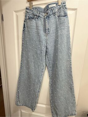 Blank NYC Light Blue Pearl-Studded Straight Leg Jeans